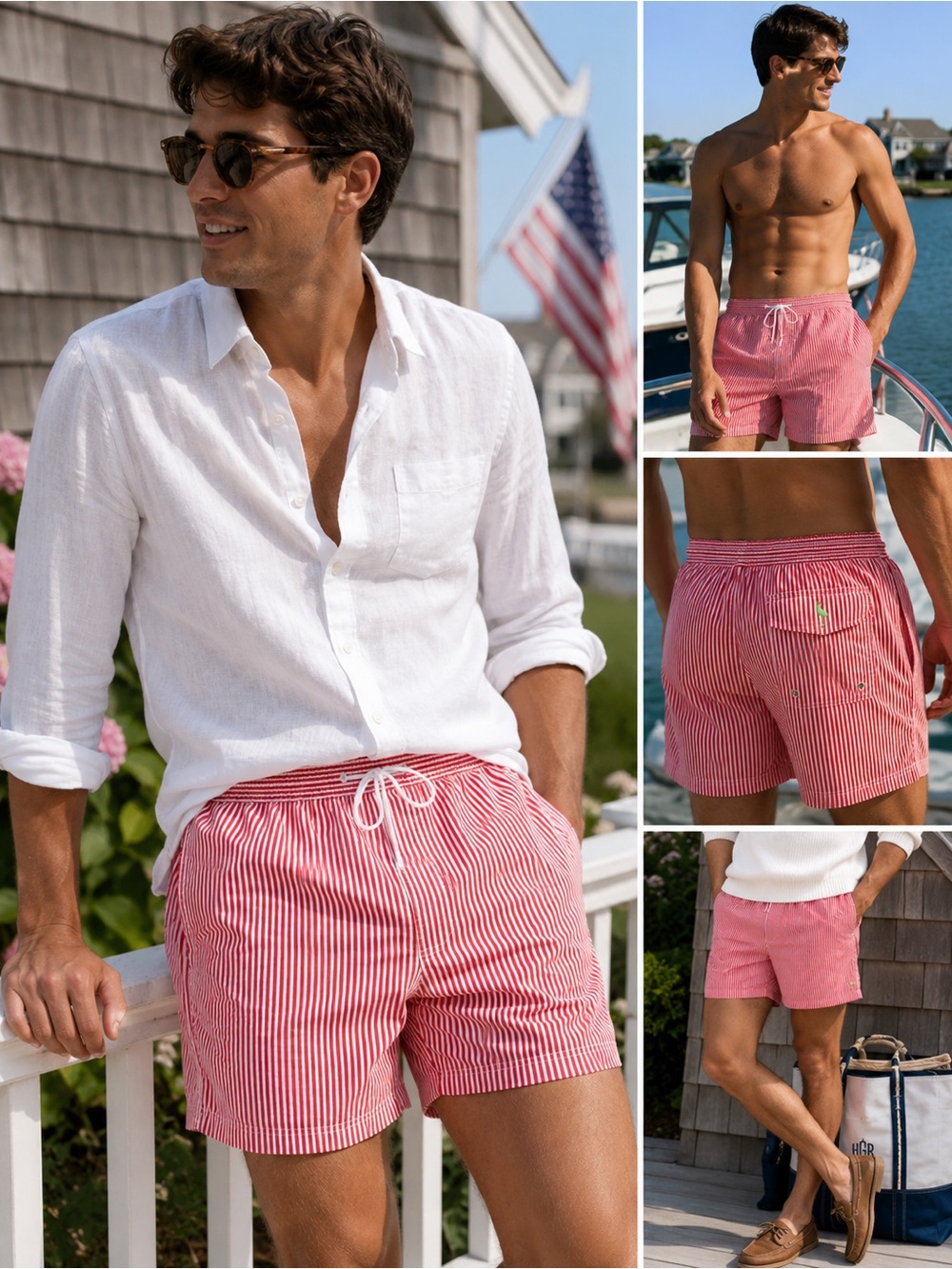 TailorByrd Red White Stripe Swim Trunks Coastal Prep Hamptons Resort Men’s Large
